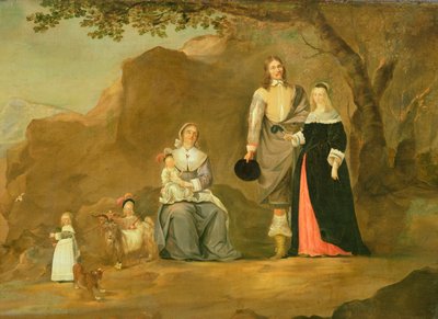 Groupe familial avec un chien et une chèvre dans un paysage montagneux - Gerard ter Borch